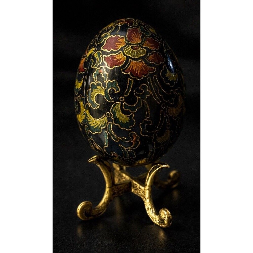 Cloisonné Large Egg Box Brass Floral Green Enamel w/Tri-Pod Brass Stand 3pc